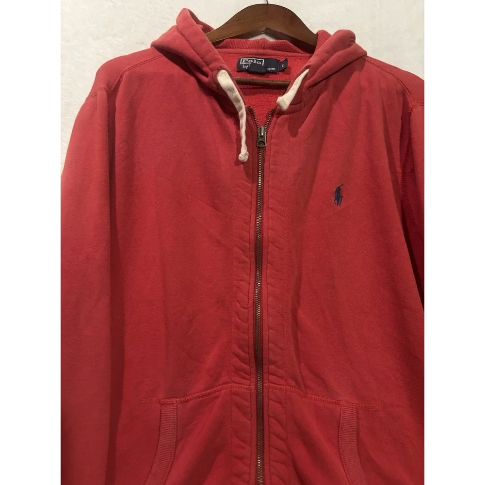 Vintage Y2K Polo Ralph Lauren Men's Large Red Full Zip Hoodie ‎ Blue Pony Logo